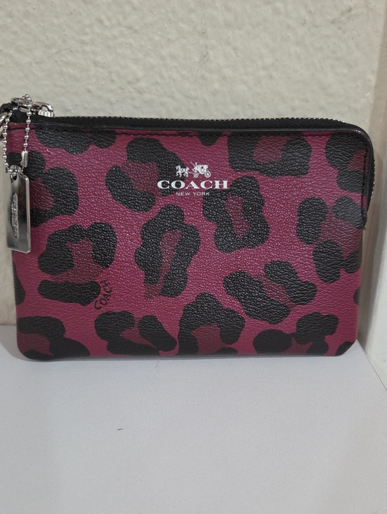 Coach Handbags - Coach Pink Leopard Print Leather Zip Pouch with Silver Hardware